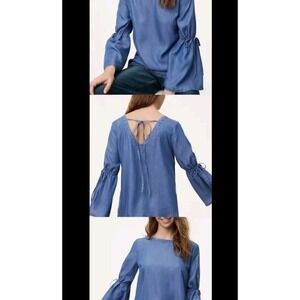 Ann Taylor Loft Chambray Blue Denim 3/4 Bell Sleeve Top Blouse Size Medium N42